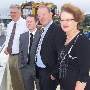 Matthew Archer, second from left, with Malcolm Brown, Tutor, NZMS, at left, and Alister Wishart, Director, Oceanbridge, and Rosemarie Dawson, CEO of CBAFF.